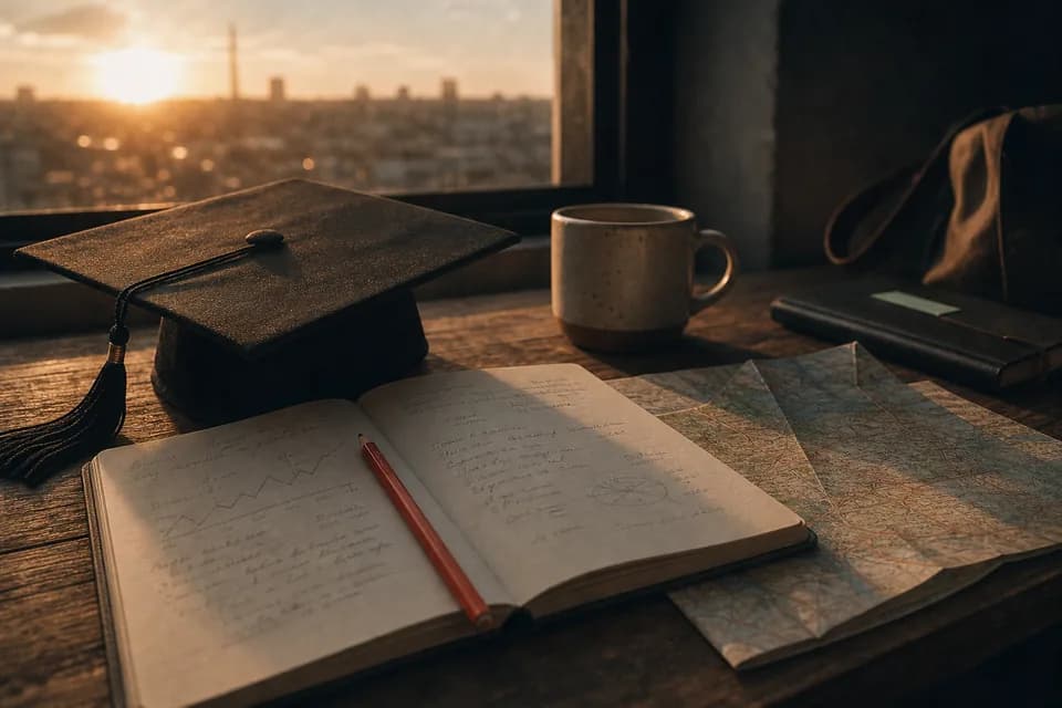 A graduation cap, study notebook, and folded road map in early morning light